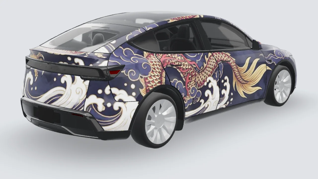 Tesla Model Y Juniper wearing an original gold dragon wrap, rendered in the SkinMyCar 3D studio