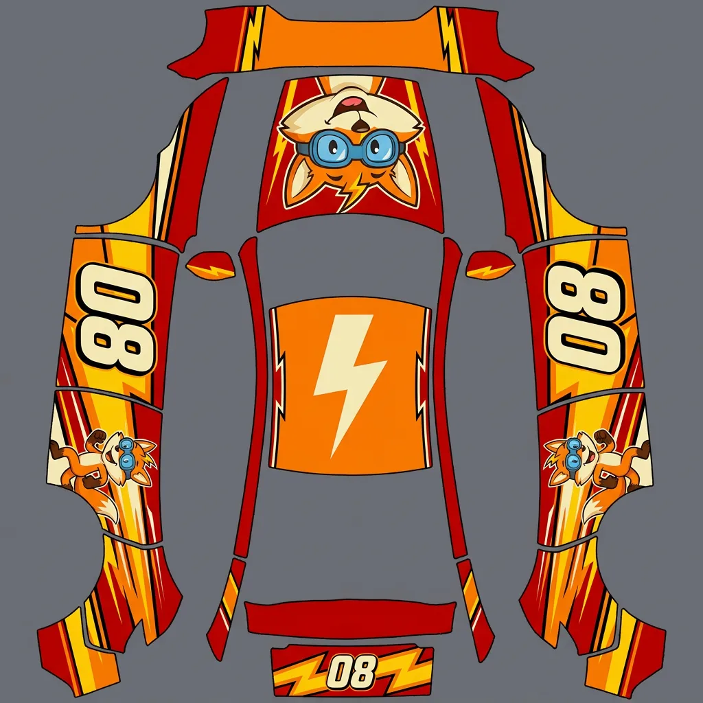 Cartoon car wraps preview on a Tesla wrap template