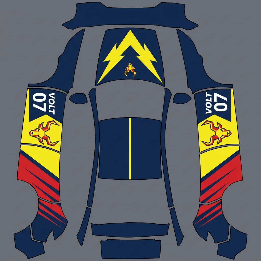 Racing livery car wraps preview on a Tesla wrap template